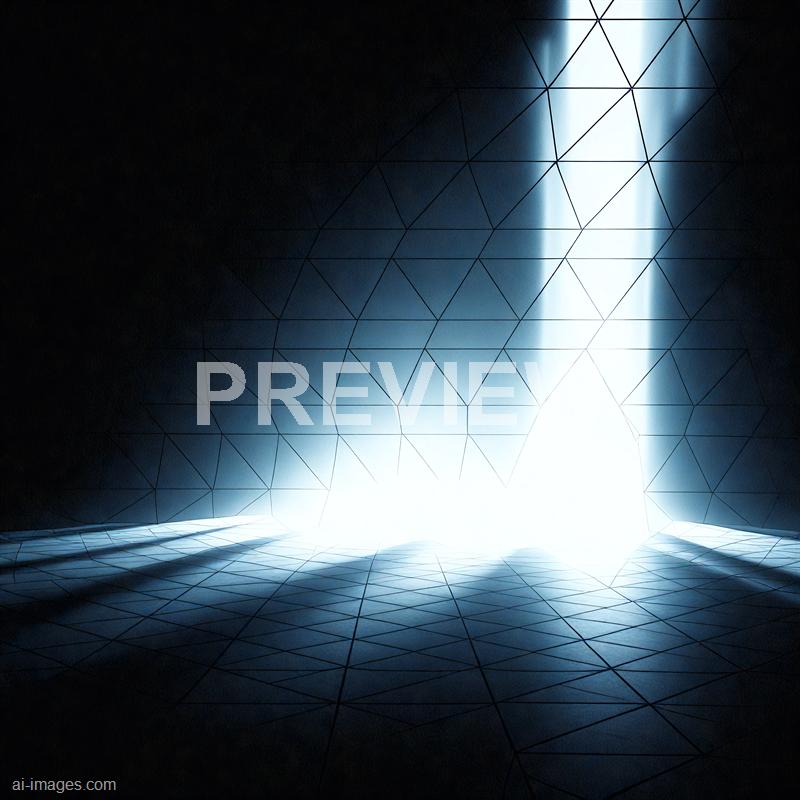 The image features a dark, futuristic environment with a glowing, bright light emanating from a central point on the floor, creating a stark contrast with the surrounding darkness. The scene is overlaid with a geometric pattern of interconnected lines and polygons, giving a digital or virtual appearance. The overall atmosphere suggests a high-tech or sci-fi setting, with the light and grid pattern emphasizing depth and dimension.